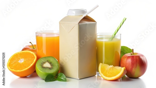 Fruit Juice Carton and Glasses on White Background