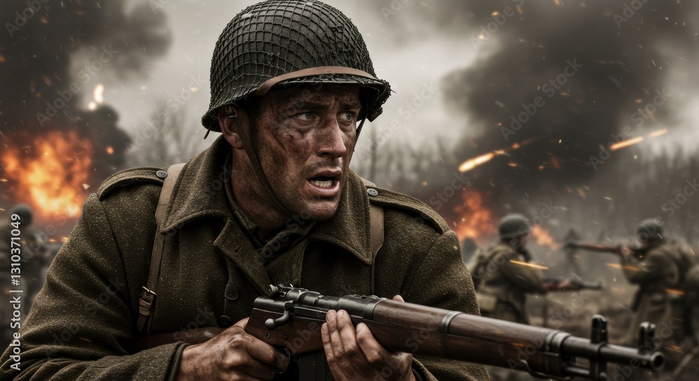 Fototapeta premium African american soldier in World War II battle scene. Intense combat with explosions and gunfire. Historical war movie still or reenactment for Memorial Day or Veterans Day