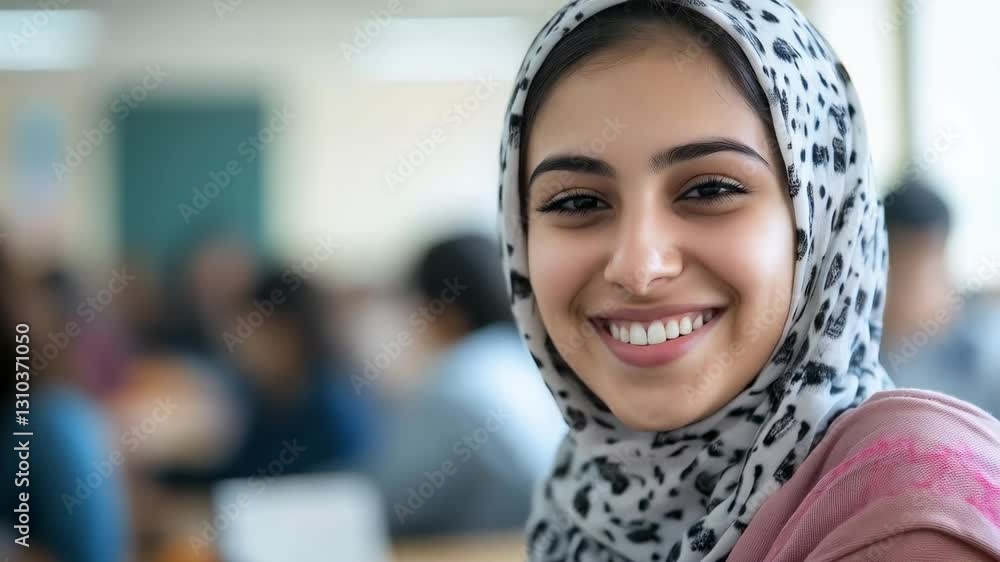 Happy Woman in Hijab Smiling in Cultural Community Environment Happy Woman in Hijab Smiling in Cultural Community Environment