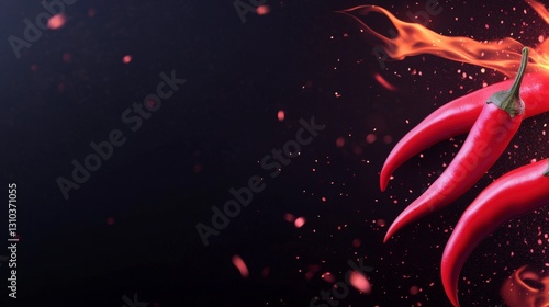 fiery red chili peppers with flames on a dark background.
