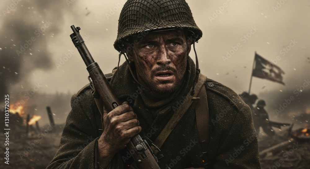 African american soldier in combat during World War II. Dramatic military scene with explosions and flag. Historical reenactment for movie or documentary. Veterans Day African american soldier in combat during World War II. Dramatic military scene with explosions and flag. Historical reenactment for movie or documentary. Veterans Day
