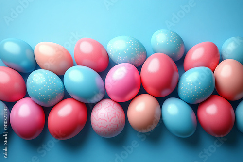 Minimalist Easter background with pastel-colored speckled eggs on soft gradient backdrop, festive holiday mockup, generative AI photo