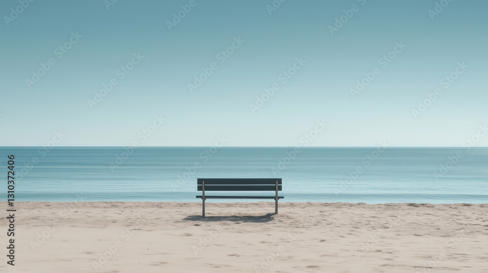 Minimalist beach scene with a solitary bench facing the calm ocean under a clear sky. Minimalist beach scene with a solitary bench facing the calm ocean under a clear sky.