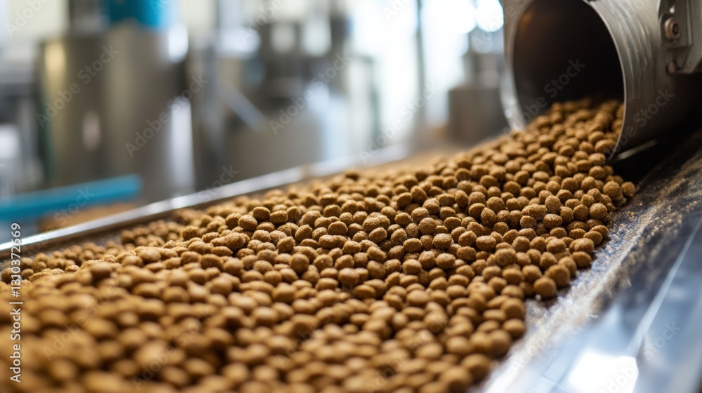Brown Kibble Flowing On Stainless Steel Conveyor Belt In Food Brown Kibble Flowing On Stainless Steel Conveyor Belt In Food