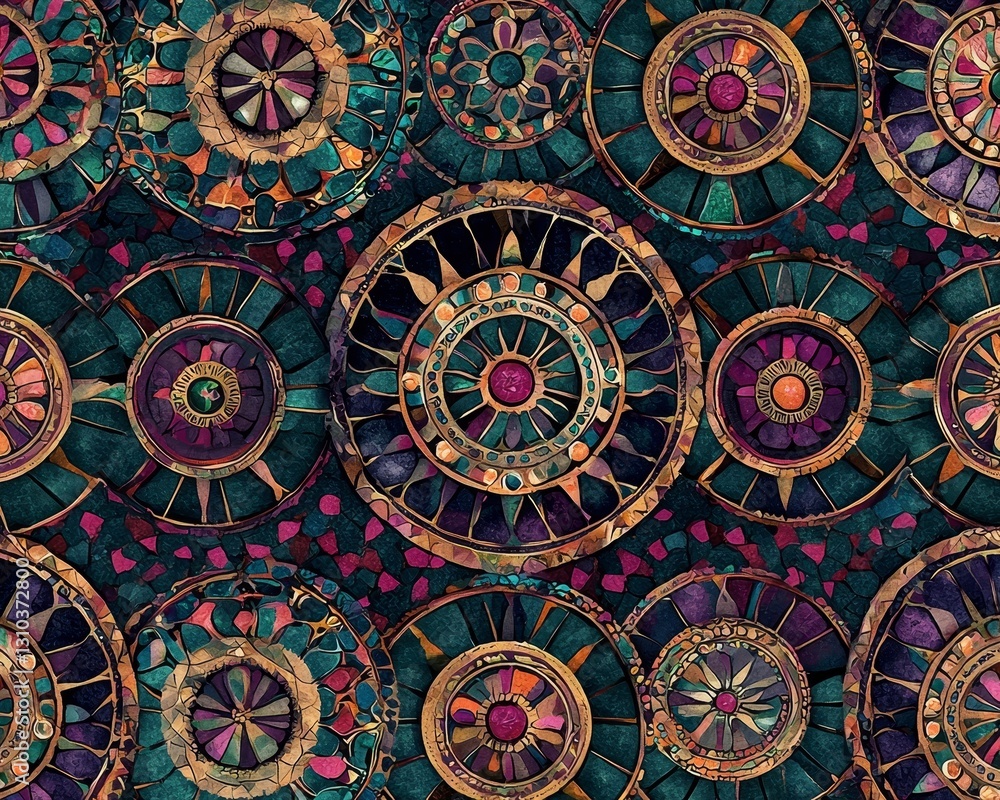 Circular and angular mosaic patterns in rich emerald, ruby, and sapphire tones, intricately detailed and seamless for digital fabric prints Circular and angular mosaic patterns in rich emerald, ruby, and sapphire tones, intricately detailed and seamless for digital fabric prints