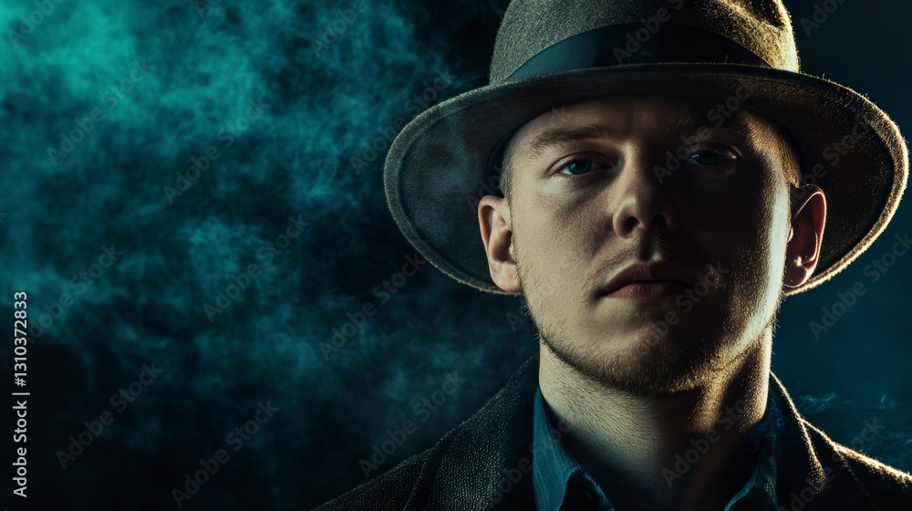 Close Up Portrait Of A Young Man In A Fedora Against A Dark Teal Close Up Portrait Of A Young Man In A Fedora Against A Dark Teal