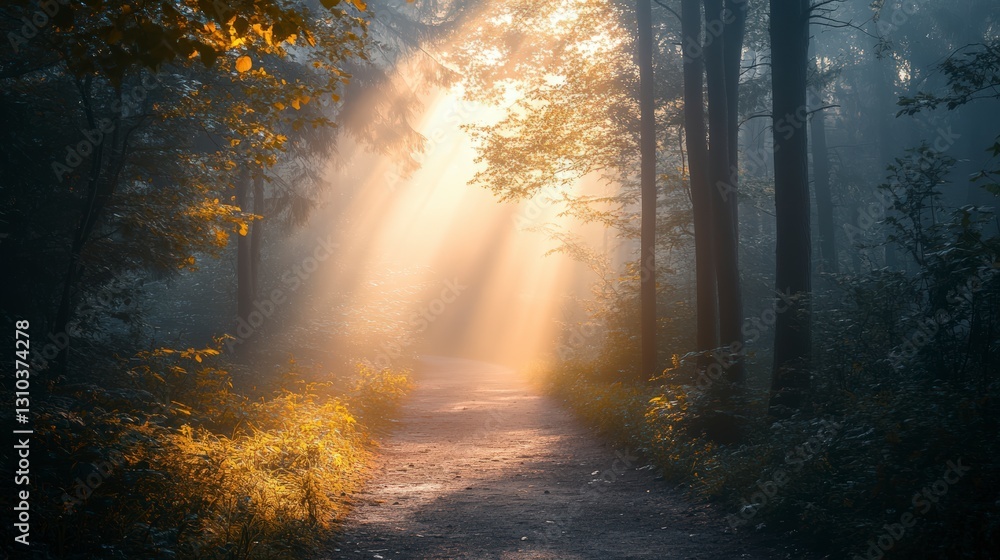 Obraz premium Misty Forest Path With Golden Sunbeams (Image) and Description for