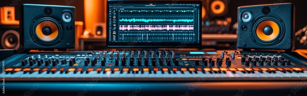 Music Studio Equipment with Synthesizer and Audio Mixers Music Studio Equipment with Synthesizer and Audio Mixers