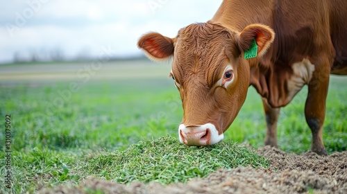 Red Cow Grazing In A Lush Green Pasture