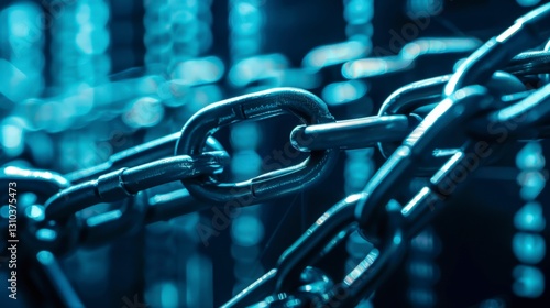 A close-up of a chain with a blue tint, showcasing the intricate