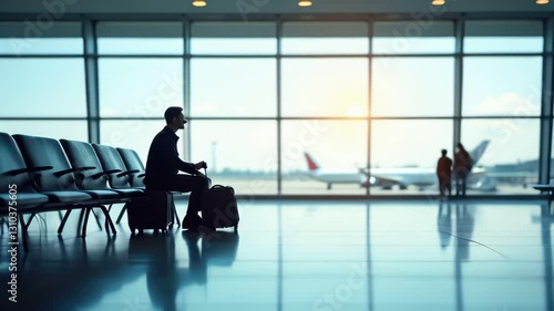 Man waiting at airport gate gazing out at runway concept of travel