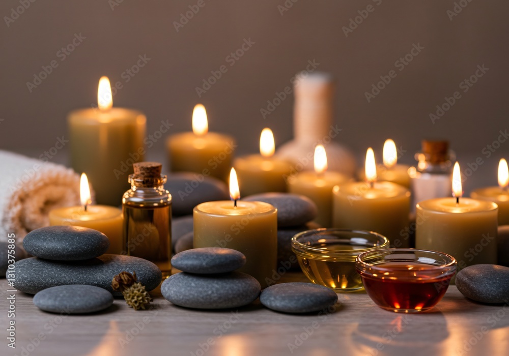 Obraz premium Luxury spa scene with aromatic candles, smooth stones, and herbal oils