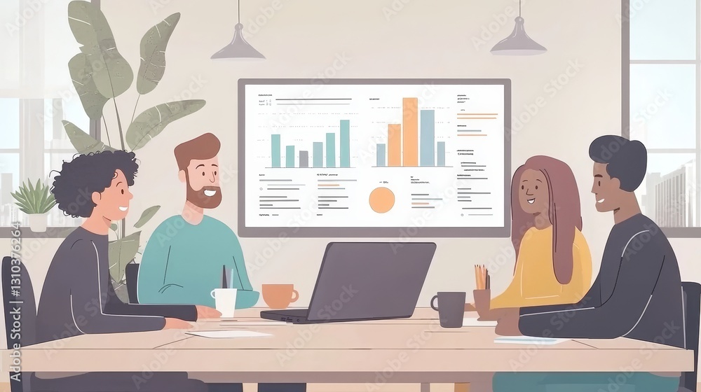 Team of entrepreneurs gathered around a laptop, vibrant graphs displayed on the screen, cheerful collaboration, warm and inviting startup office Team of entrepreneurs gathered around a laptop, vibrant graphs displayed on the screen, cheerful collaboration, warm and inviting startup office