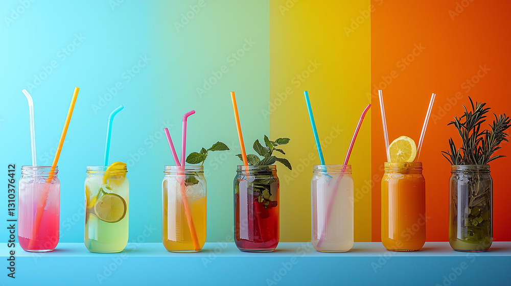 Fototapeta premium Beautiful drinks in Mason jars with berries and fruits with straws on a bright multi-colored background
