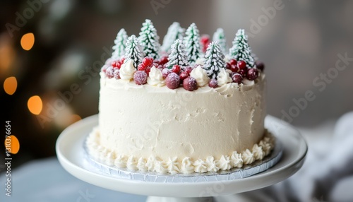 A festive white cake adorned with red and green decorations