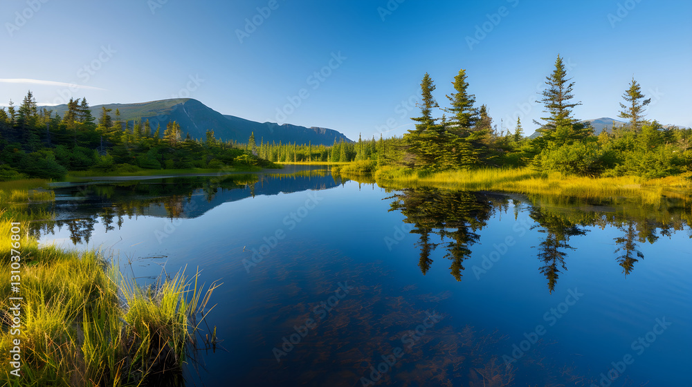 Idyllic Landscape with Tranquil Lake Reflecting Pine Trees and Mountains Under Clear Sky