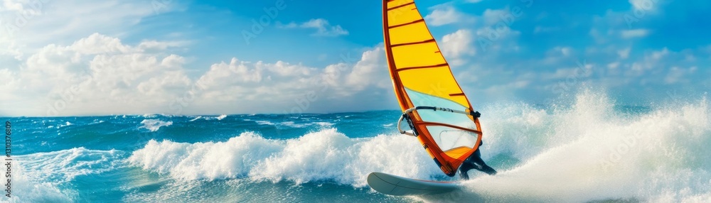 Naklejka premium Double exposure of a windsurfer in motion blended with crashing waves, artistic conceptual shot
