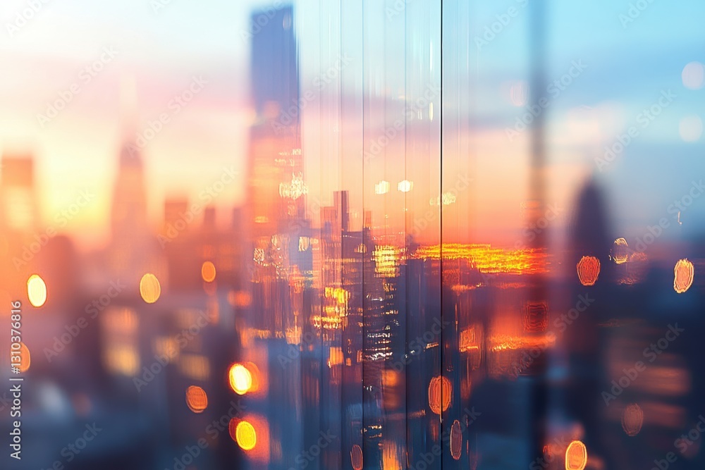 Obraz premium Blurred city skyline during sunset, showcasing vibrant colors and urban silhouettes.