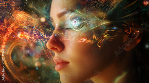 A woman with an ethereal third eye projection, sending waves of thought energy.