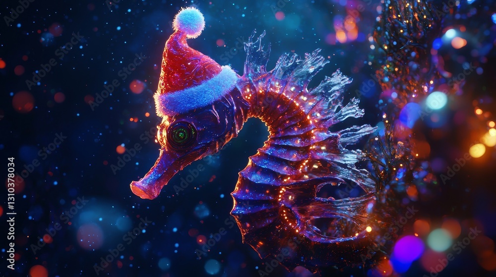 Close-up of a festive seahorse adorned with icy textures and a glowing Santa hat, dancing amid neon-lit seaweed and holographic bubbles, cyberpunk style, illustration Close-up of a festive seahorse adorned with icy textures and a glowing Santa hat, dancing amid neon-lit seaweed and holographic bubbles, cyberpunk style, illustration