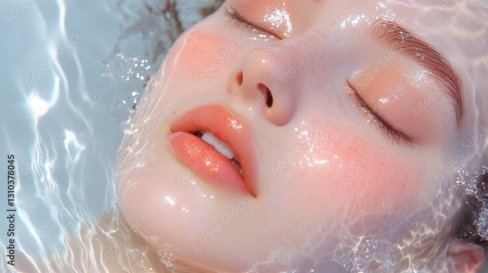 Fototapeta premium Woman's Face in Water with Closed Eyes and Pink Lips