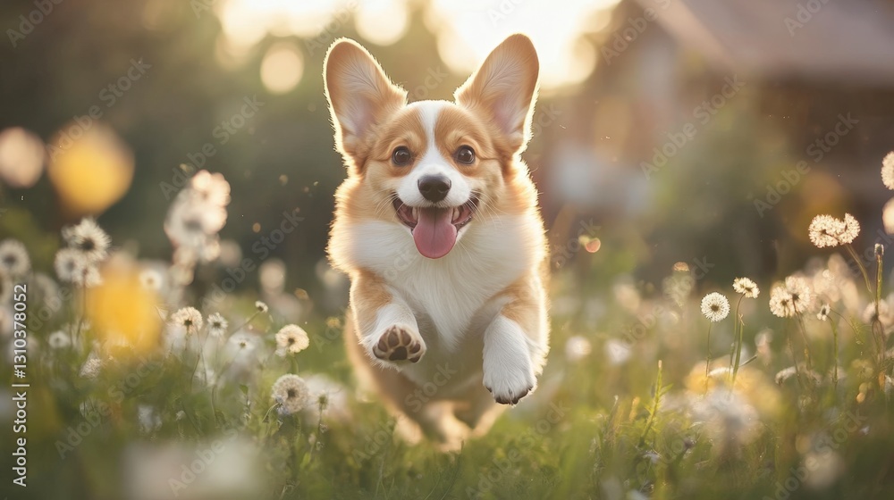 Playful Corgi Running Through Flowers at Sunset Playful Corgi Running Through Flowers at Sunset