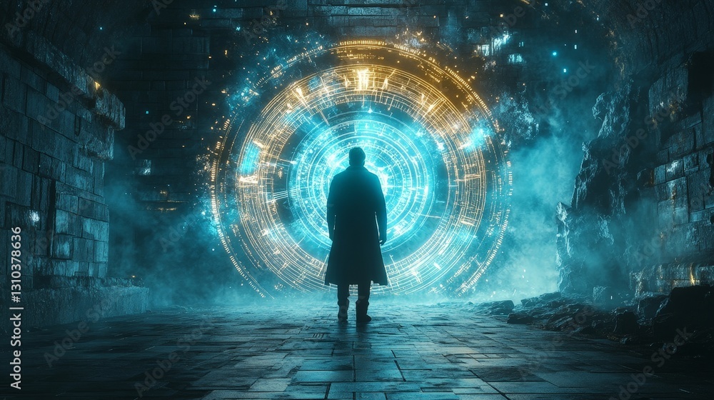 Fototapeta premium Time Traveler Walking into Glowing Portal