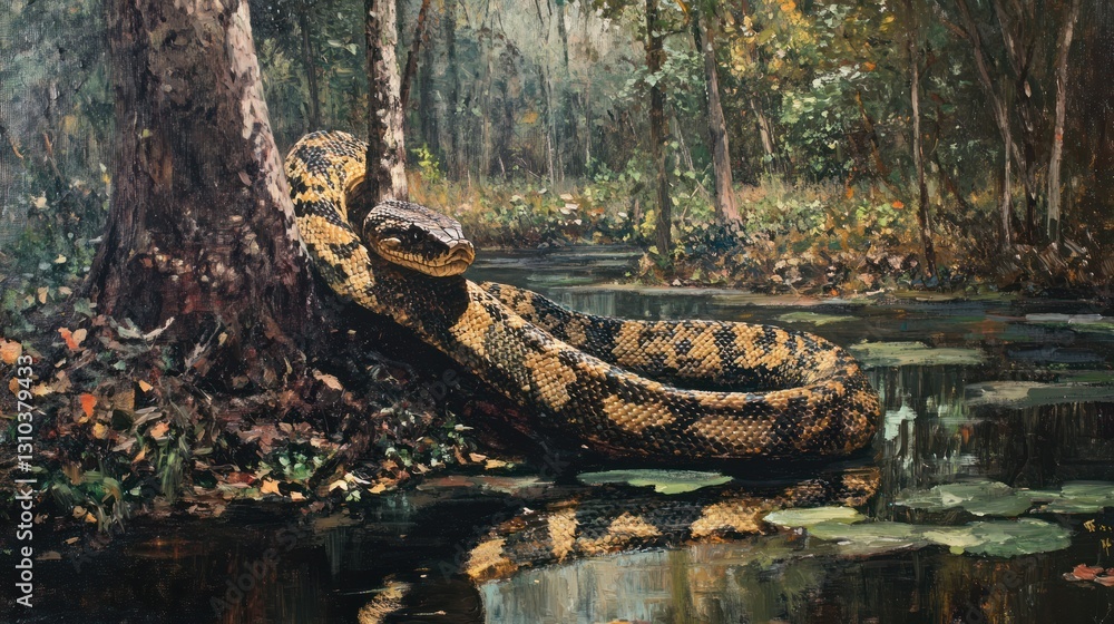 A large snake coils near the waters edge by a tree trunk A large snake coils near the waters edge by a tree trunk