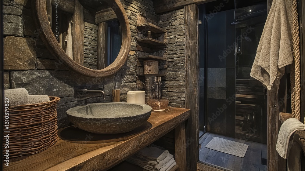 Rustic Stone Bathroom Interior Design Modern Luxury Spa Shower Wooden Vanity Reclaimed Wood Farmhouse Style Elegant Dark Grey Brown Tones Sink Home Rustic Stone Bathroom Interior Design Modern Luxury Spa Shower Wooden Vanity Reclaimed Wood Farmhouse Style Elegant Dark Grey Brown Tones Sink Home