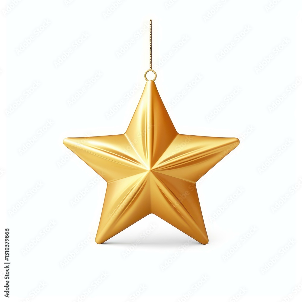 Fototapeta premium A glossy gold star ornament with a loop, perfect for festive dcor, stands out against a crisp white background.