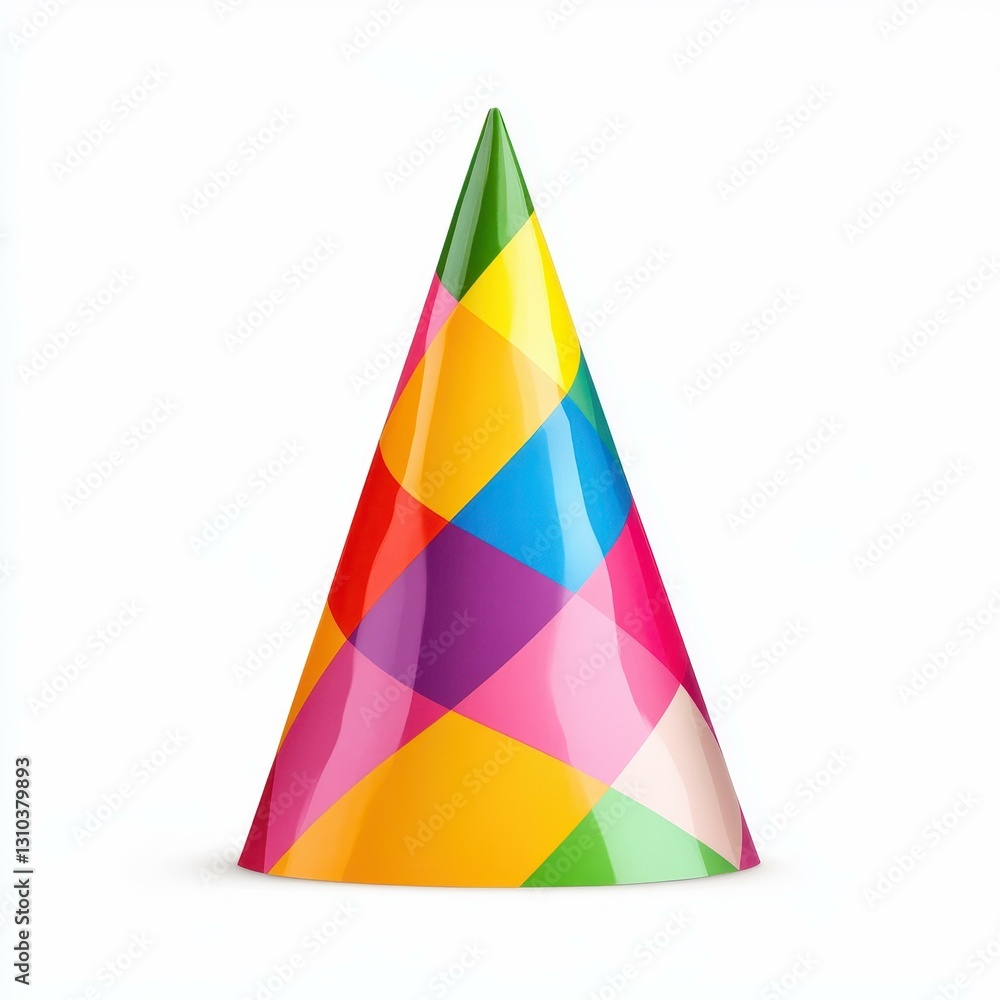 A vibrant party hat perfect for celebrations, standing out with its bold colors against a crisp white backdrop. A vibrant party hat perfect for celebrations, standing out with its bold colors against a crisp white backdrop.