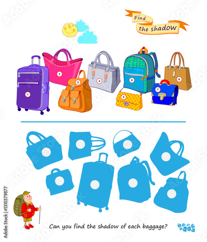 Best puzzles for kids. Can you find the shadow of each baggage? Write the numbers in circles. Educational game for children. Play online. Task for attentiveness. IQ test. Vector illustration.