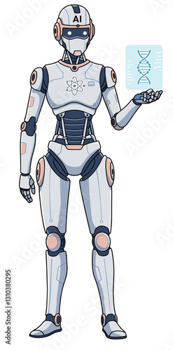 Scientist Artificial Intelligence robot minimalist illustration cartoon character. White background
