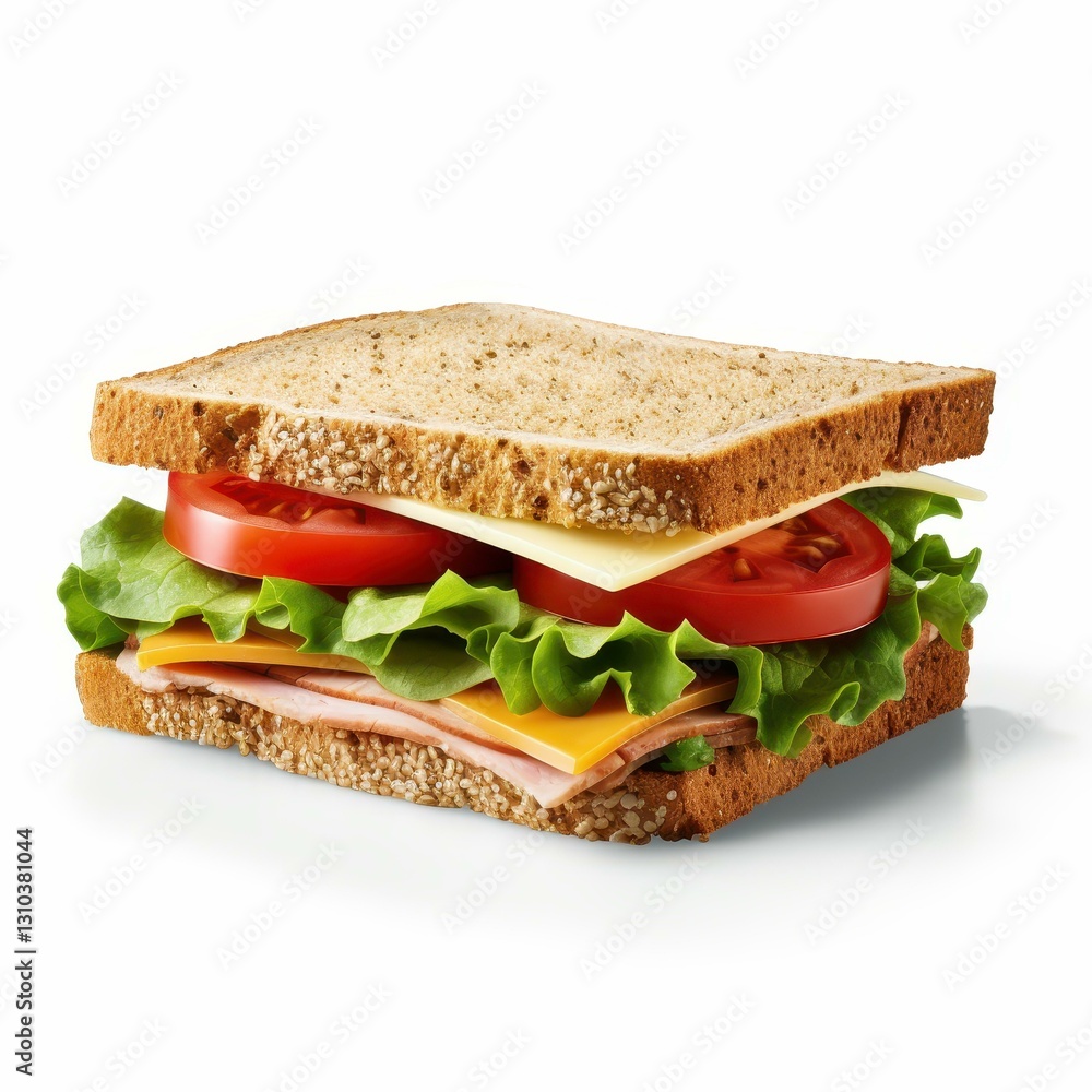 An appetizing di cut of a sandwich, showcasing layers of fresh ingredients and vibrant colors against a clean, white backdrop. An appetizing di cut of a sandwich, showcasing layers of fresh ingredients and vibrant colors against a clean, white backdrop.