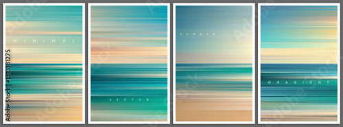 Set of summer gradient posters in minimal style. Beautiful ocean beach horizon with azure ocean, sand and blue sky. Trendy design with ambient soft blurred background for banner, flyer or book cover