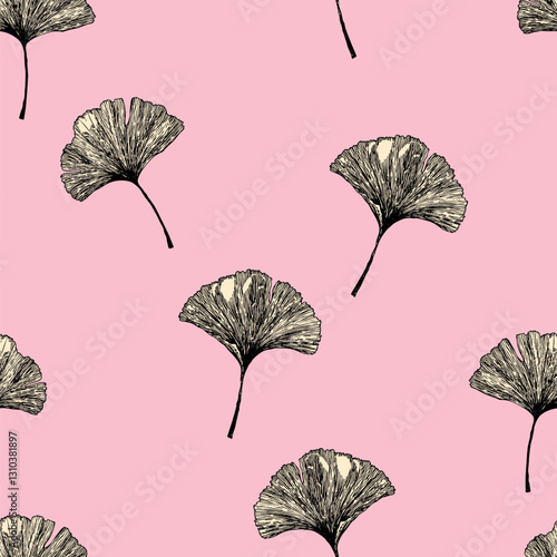Seamless floral pattern with ginkgo biloba leaves. Art flowers on color background. Decorative sceleton leaf. Vector hand drawn illustration. Minimal linear style.