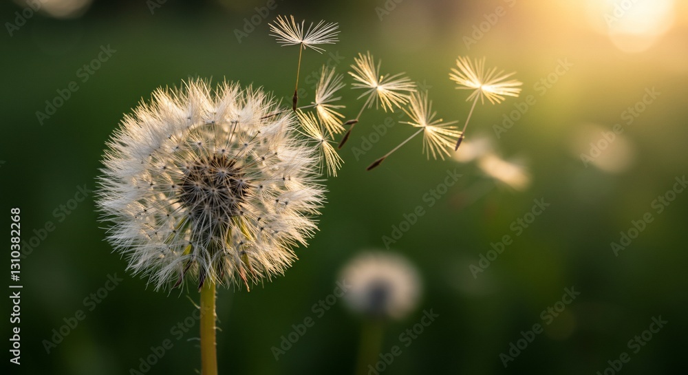 Sunset Dandelion Seeds Dispersing in Meadow Sunset Dandelion Seeds Dispersing in Meadow