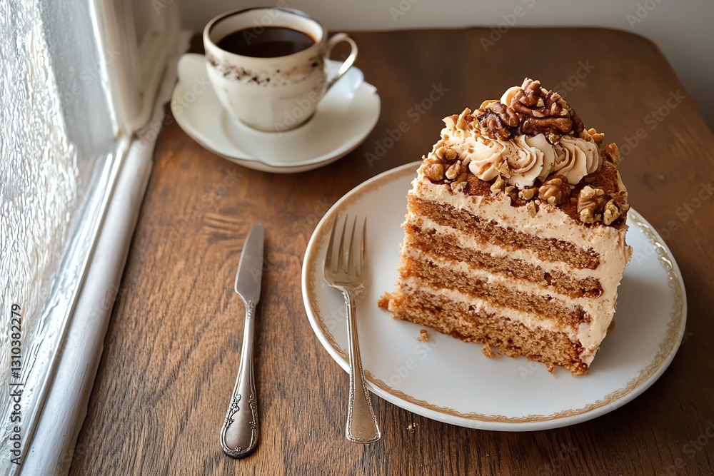 Enjoying Walnut Cake and Coffee Slice on Wooden Table by Window Enjoying Walnut Cake and Coffee Slice on Wooden Table by Window