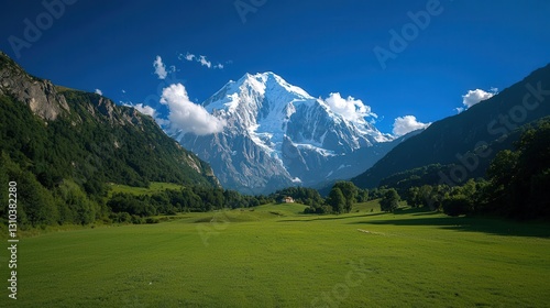 Fototapeta Naklejka Na Ścianę i Meble -  Majestic snow-capped mountain peak overlooking a lush green valley.