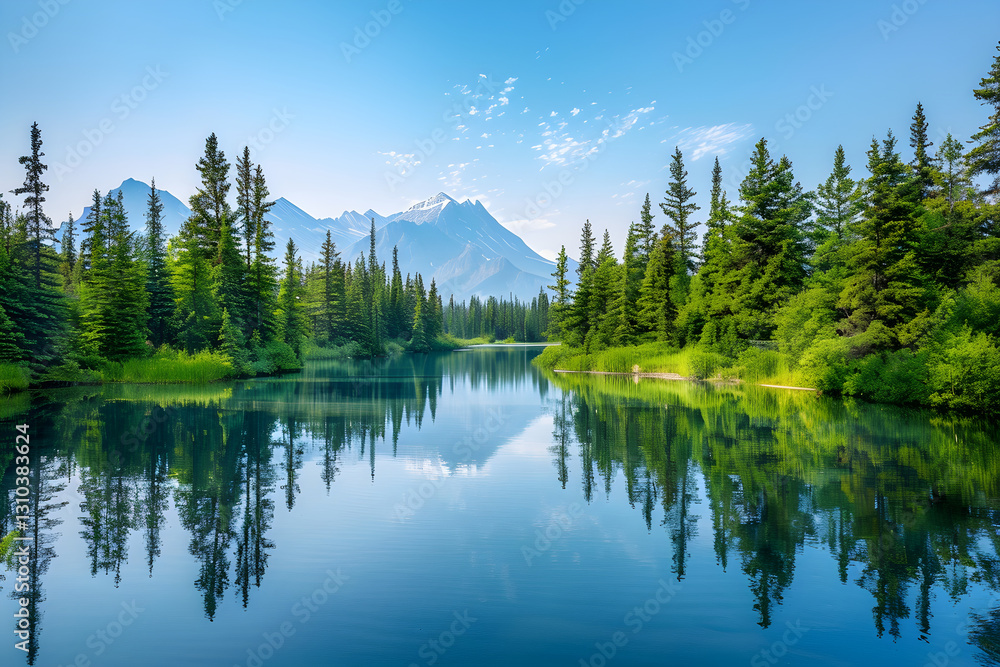 Idyllic Landscape with Tranquil Lake Reflecting Pine Trees and Mountains Under Clear Sky Idyllic Landscape with Tranquil Lake Reflecting Pine Trees and Mountains Under Clear Sky