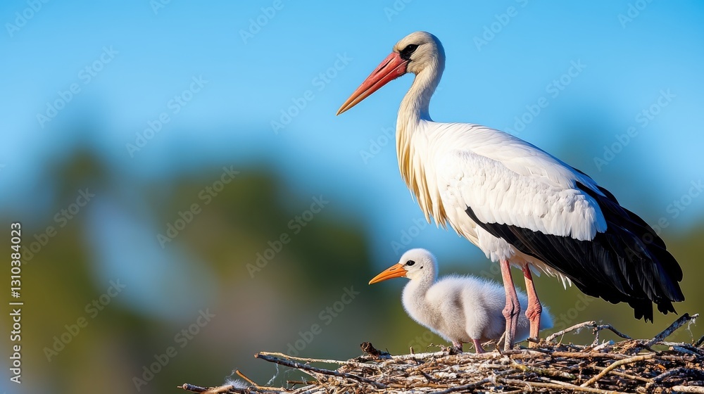 Majestic white storks nurture their chicks in Algarve, Portugal Majestic white storks nurture their chicks in Algarve, Portugal