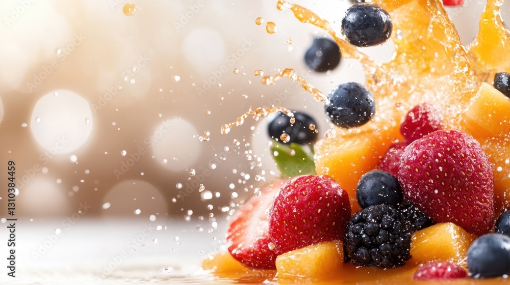 Colorful fruit cascade creates vibrant splash on white surface Colorful fruit cascade creates vibrant splash on white surface