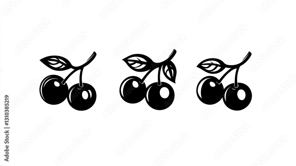 Three stylized black cherry icons on white background. Possible use food illustration, graphic design Three stylized black cherry icons on white background. Possible use food illustration, graphic design