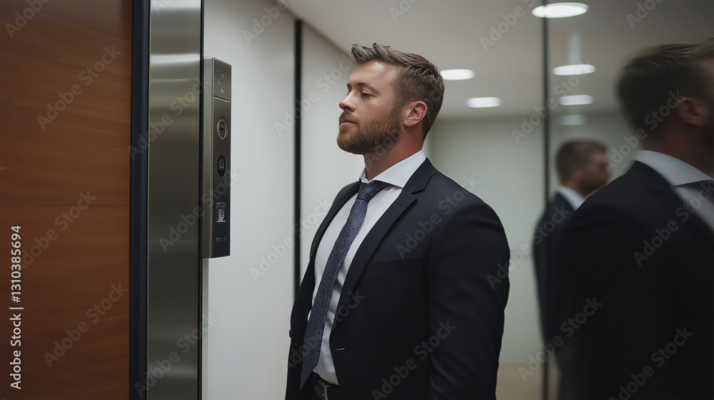 A man in a suit and tie is standing in an elevator. He is looking at the floor number A man in a suit and tie is standing in an elevator. He is looking at the floor number