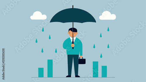 Investor with an Umbrella An illustration of an investor standing under a large umbrella labeled Hedging while rain symbolizes market volatility falls around them.