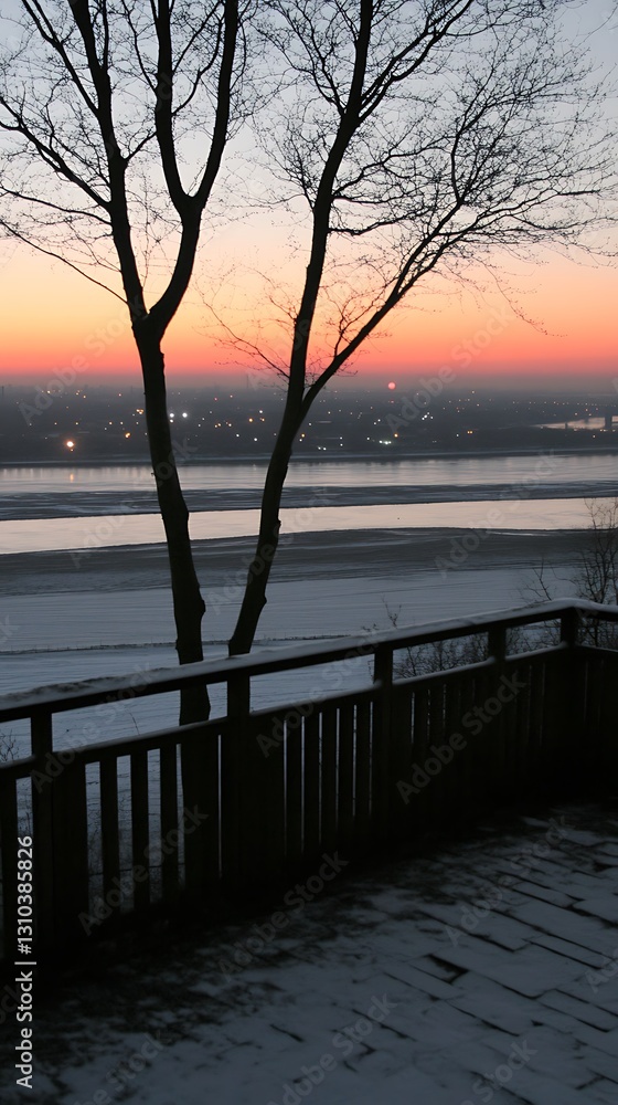 Obraz premium Winter dawn deck view, bare trees silhouettes and fading sky colors