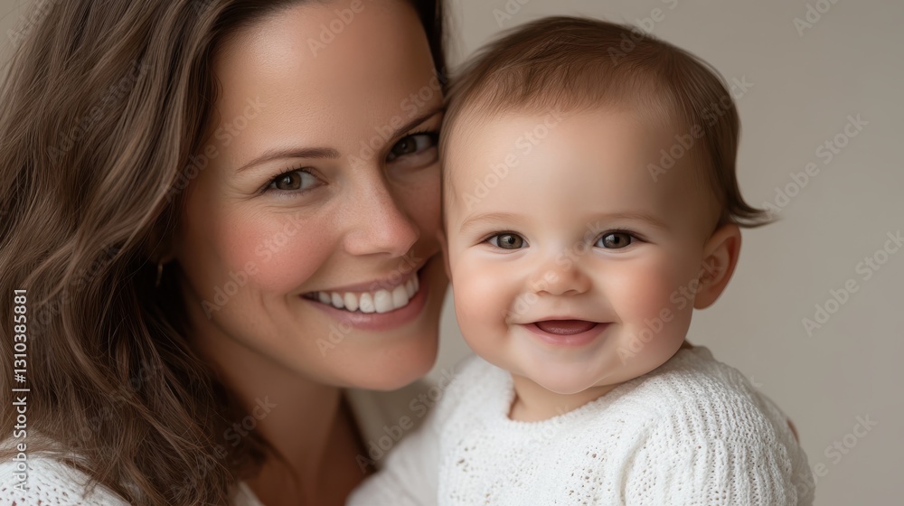 Mother's loving kiss brings joy to her sweet baby on a light background Mother's loving kiss brings joy to her sweet baby on a light background