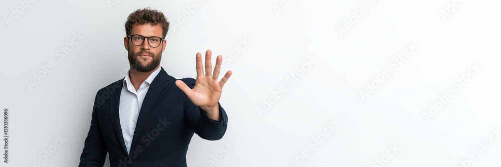 A man in a suit and glasses is holding up his hand to give a thumbs up. Concept of professionalism and confidence, as the man is dressed in a suit and tie and is wearing glasses A man in a suit and glasses is holding up his hand to give a thumbs up. Concept of professionalism and confidence, as the man is dressed in a suit and tie and is wearing glasses
