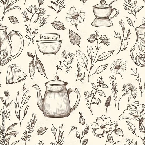 Professional Herbal Tea Seamless Pattern Doodle Teapot Cup Image