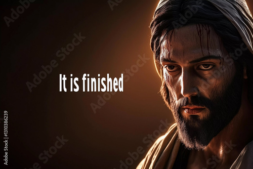 Visage of Jesus Christ with the powerful message It is finished, representing the conviction of faith during Good Friday and Easter celebrations